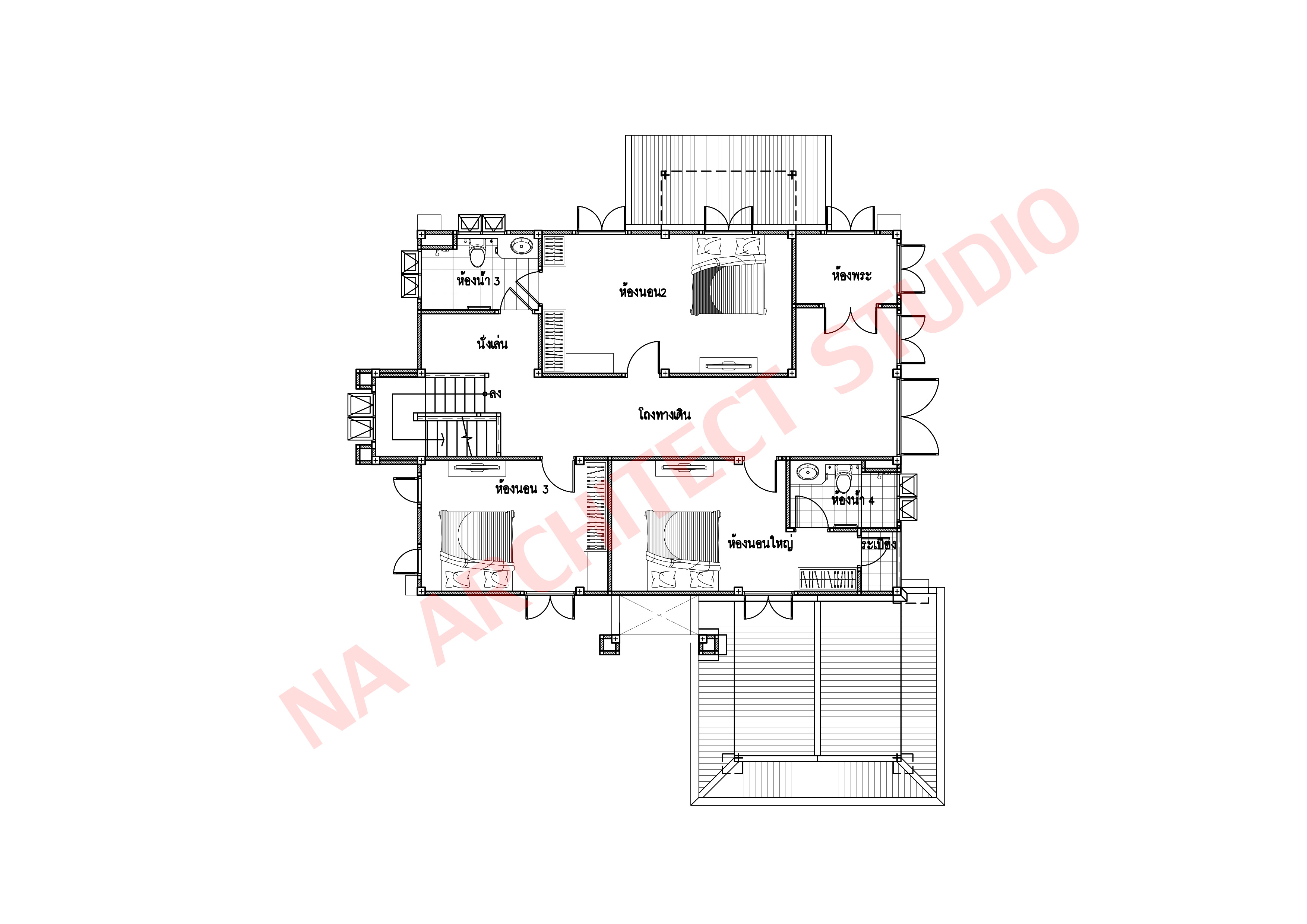 แบบบ้าน 2 ชั้น สไตล์ไทยประยุกต์ NA-206 ขนาด 262.70 ตร.ม 4 ห้องนอน 4 ห้องน้ำ สไตล์ไทยประยุกต์