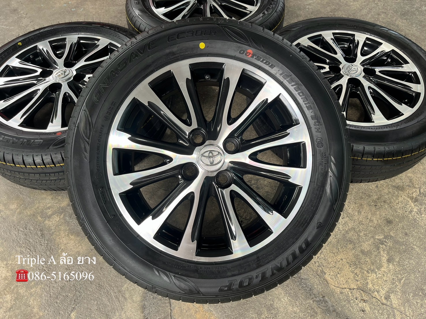 ✨ล้อแม็ก✨Toyota Vios 12 ก้าน ขอบ 15 ดำหน้าเงา พร้อมยางใหม่💯185-60-15 Dunlop♨ปี 24♨