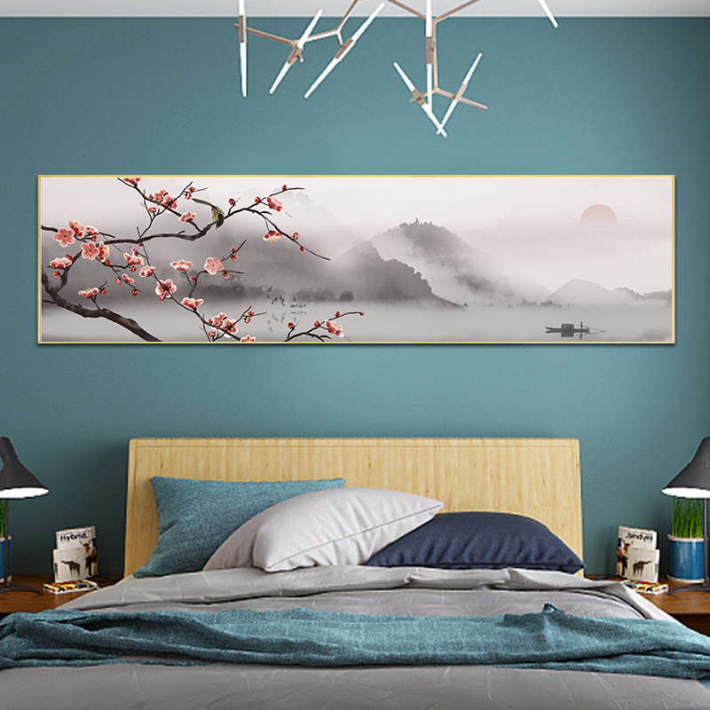 #ภาพวาดพู่กันจีน ภาพพิมพ์สีน้ำบนผ้าใบพร้อมกรอบไม้(คละสี) ขนาด 30x120 cm.