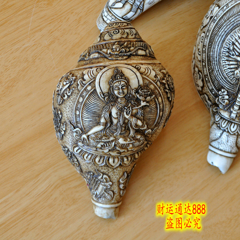 หอยสังข์อินเดียสีขาวแกะลายโดยช่างฝีมือเนปาล สำหรับใช้เป่าในพิธีกรรมทางศาสนา ขนาด 18 cm.