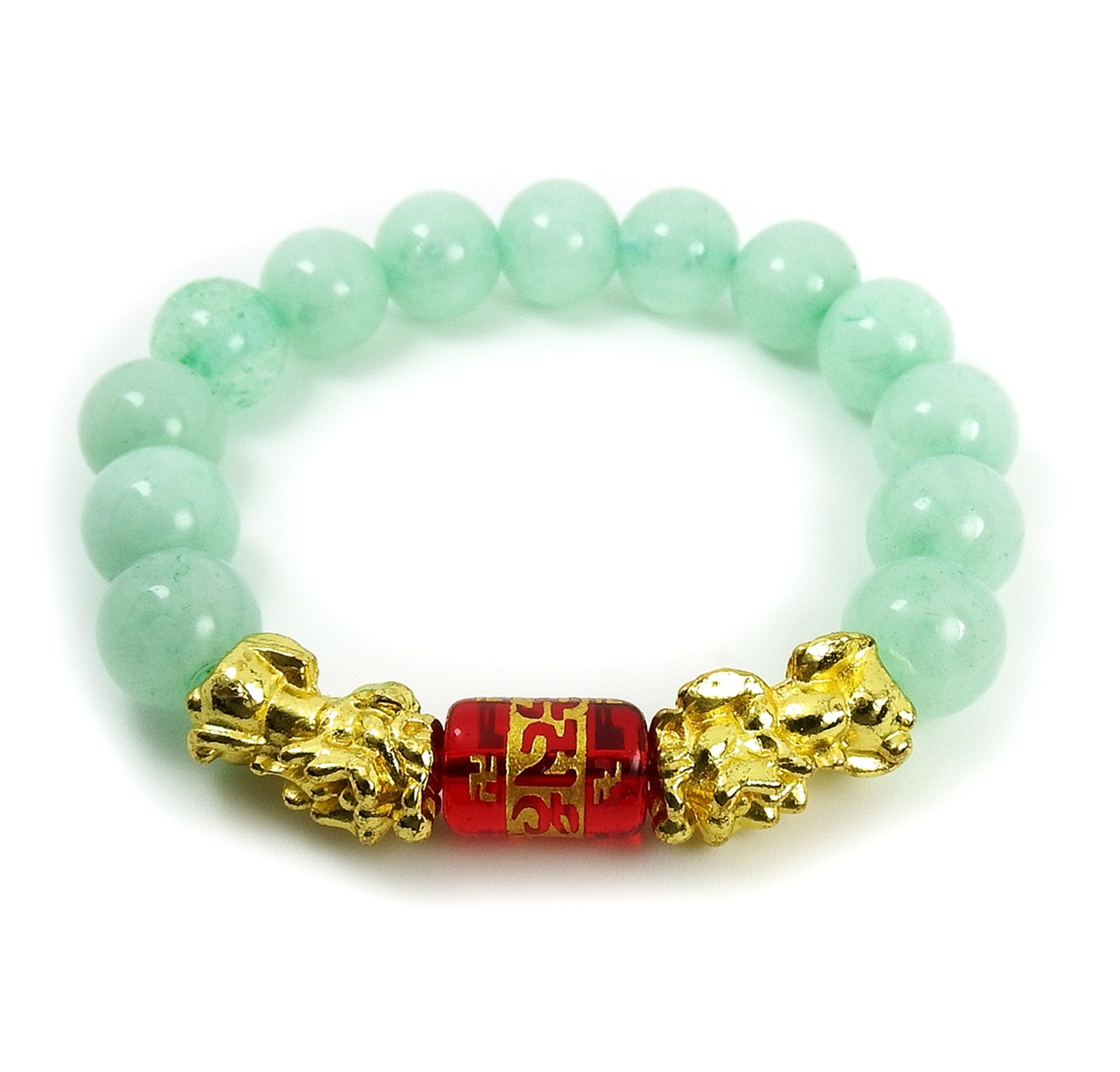 สร้อยข้อมือปี่เซี๊ยะคู่ อมาโซไนต์ เป็นหินสีเขียวอมฟ้า ขนาด 10 มล.