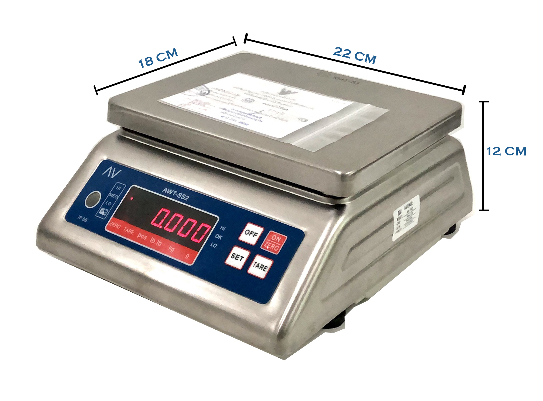 เครื่องชั่งดิจิตอลกันน้ำตั้งโต๊ะ ตรา AV (AVENUE) รุ่น AWT-SS2 พิกัด 30 กก.