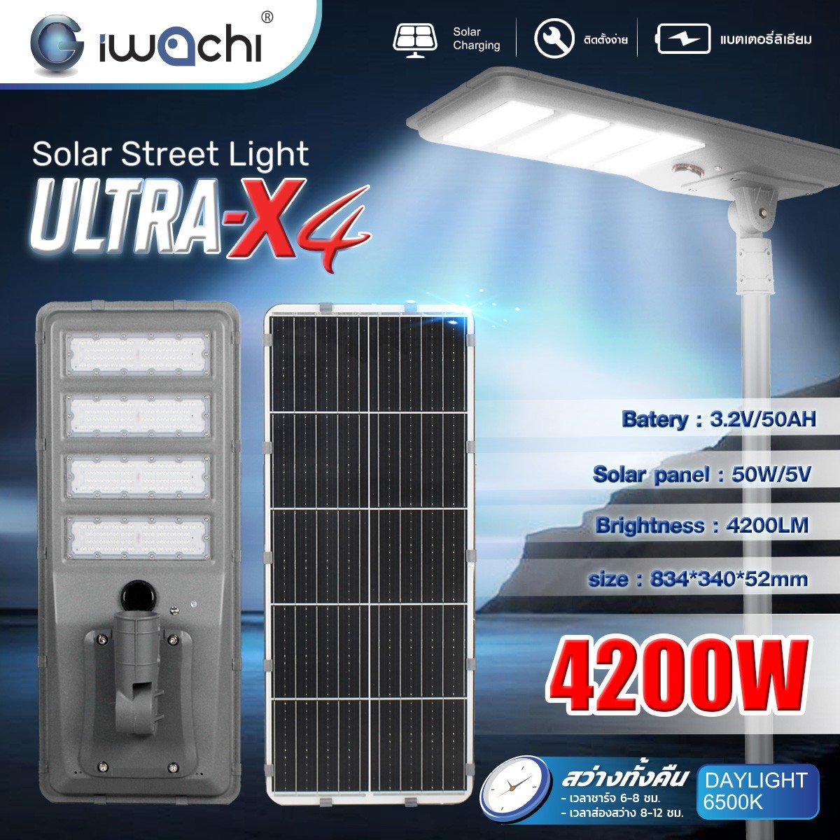 โคมไฟถนน SOLAR CELL แผงไฟในตัว +รีโมท รุ่น ULTRA-X4 4200w แสงขาว