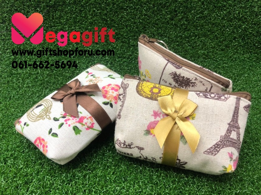 กระเป๋าสตางค์ ผ้าลายสวยผูกโบว์ ไซด์ 13*9 ซม.