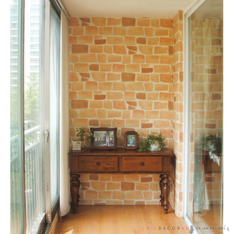 DBS-11 Wallpaper Sticker วอลล์เปเปอร์ไวนิล แบบมีกาวในตัวลายกำแพงหินส้ม หน้ากว้าง 60 cm