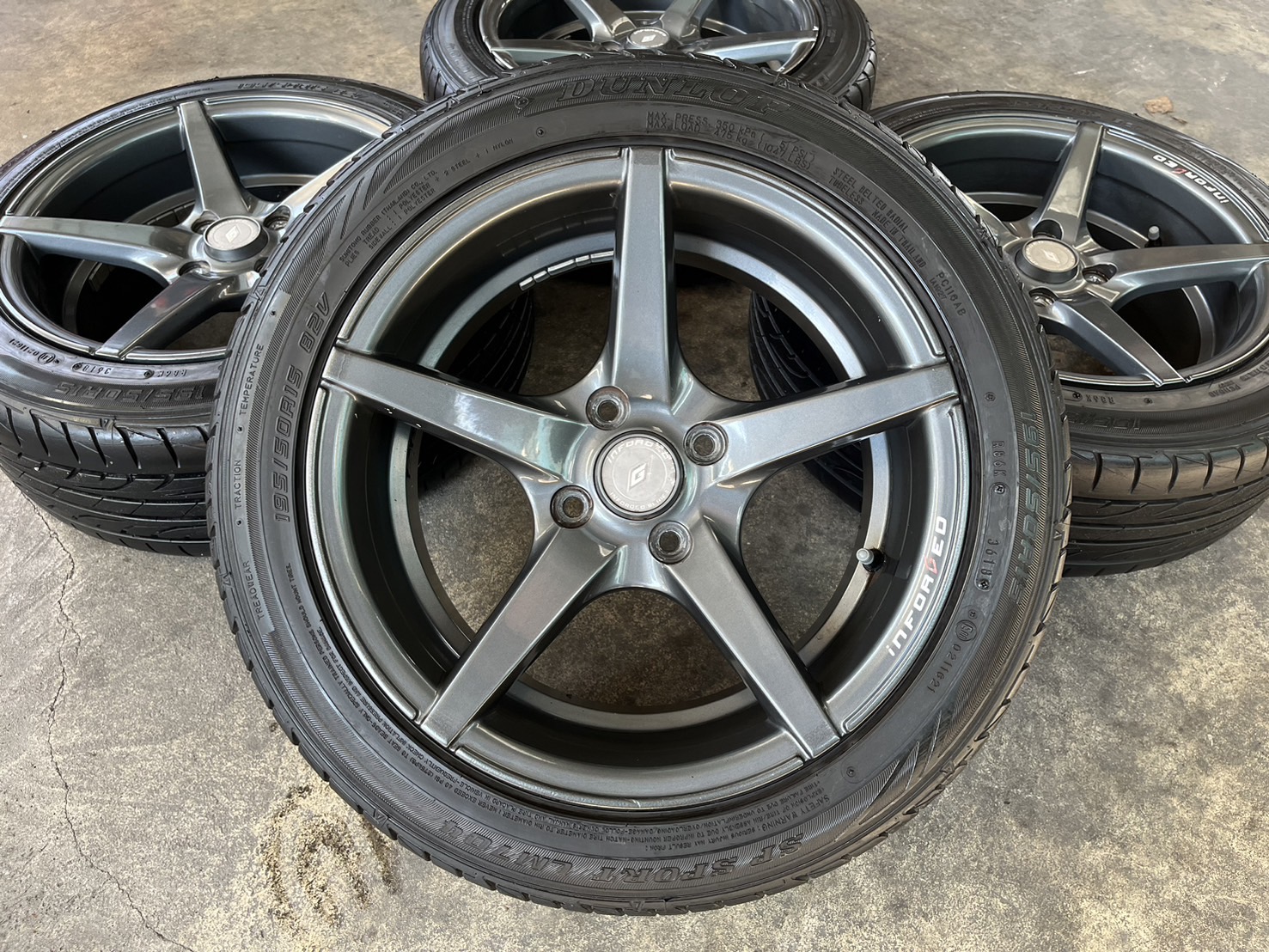 ✨ล้อแม็ก 4รู100✨INFORGED ขอบ 15 สีเทา แถมยาง 195-50-15 Dunlop