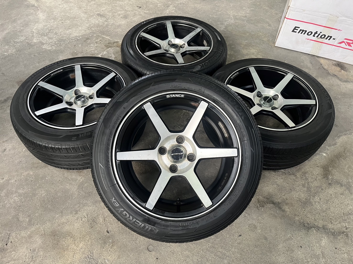 ✨ล้อแม็กแต่ง 4รู100✨STANCE ขอบ 15 ดำหน้าเงา พร้อมยาง 195-55-15 Hankook ปี 19
