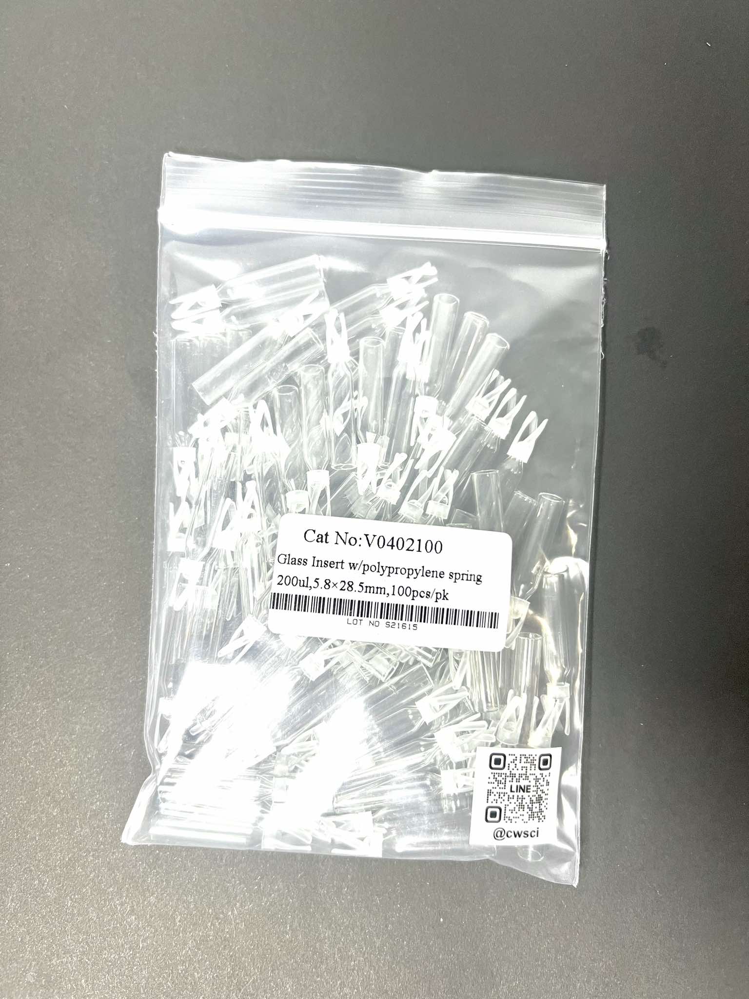 200μl,conical style ,clear glass, 5.8×28.5 mm with Polyspring (100ชิ้น/pk.)