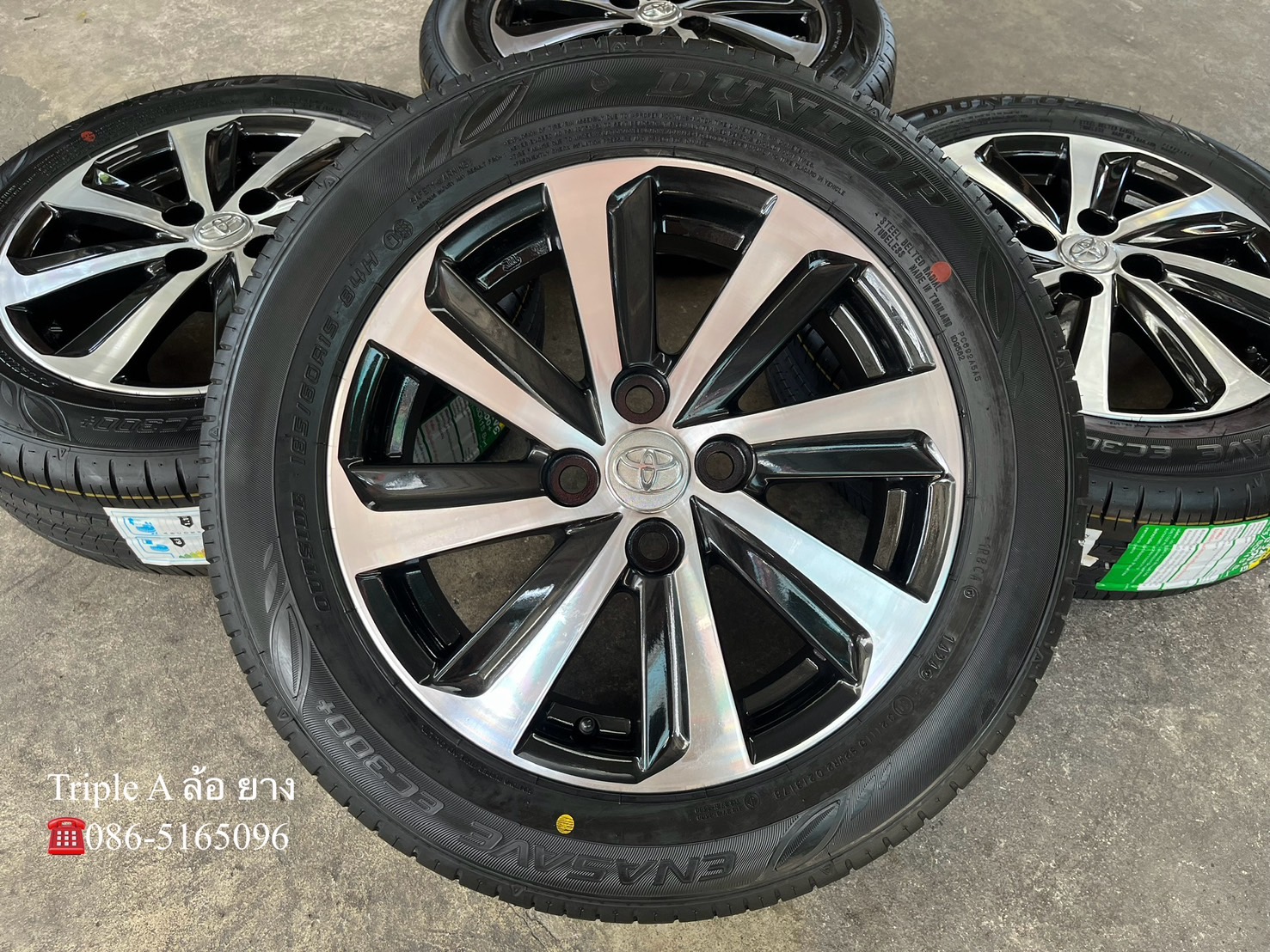 ✨ล้อแม็ก✨Toyota Vios 8 ก้าน ขอบ 15 ดำหน้าเงา พร้อมยางใหม่💯185-60-15 Dunlop♨ปี 24♨