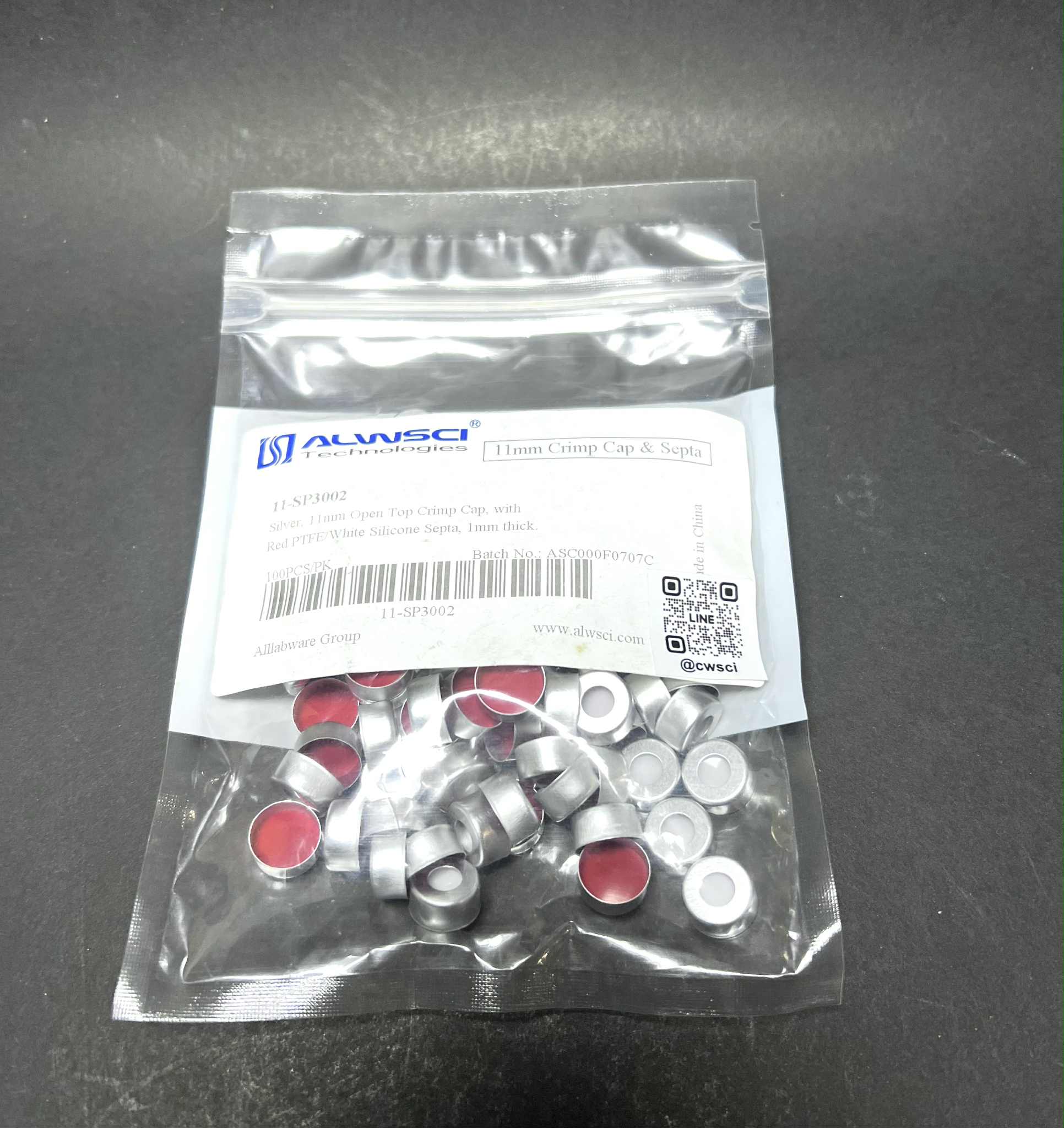 SILVER, 11mm Open Top Crimp Cap with Red PTFE/White Silicone Septa (100ชิ้น/แพ็ค)