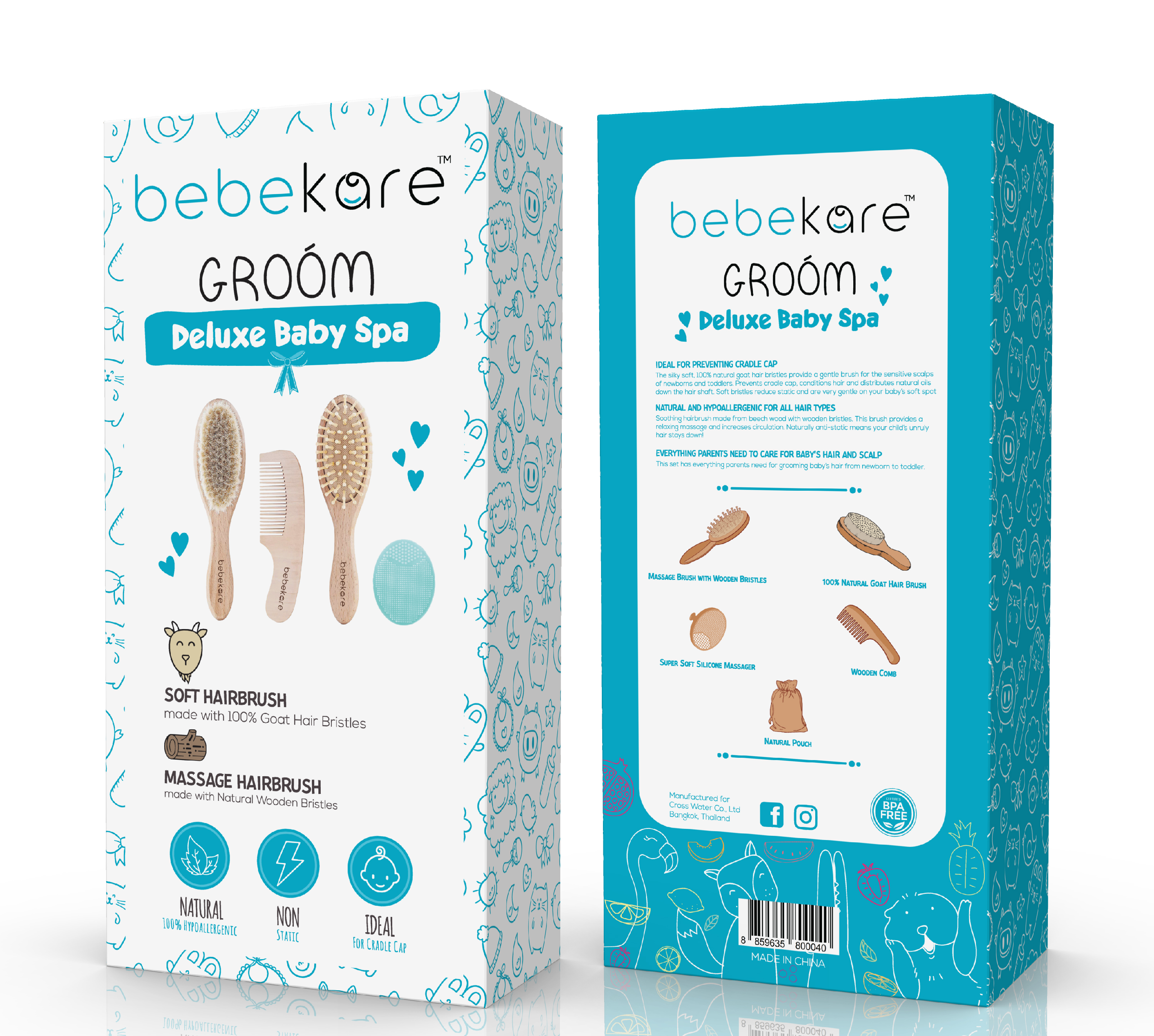 BEBEKARE Groom Deluxe baby Spa เซทเเปรงผมขนเเพะเเท้ 100% มาพร้อมเเปรง หวี เเปรงซิลิโคนสำหรับกำจัดไขมันบนศรีษะของลูกน้อย สำหรับอายุแรกเกิดขึ้นไป