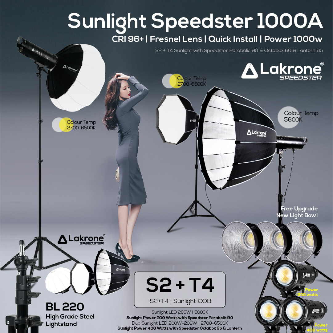 Speedster Sunlight 1000A ชุดไฟสามต่ำแหน่งถ่ายวีดีโอ Sunlight T4 + S2 ปรับสีได้ 2700 - 6500K ขาตั้งไฟ BL220 พร้อม Speedster Parabolic 90 & Octabox 60 และ Lantern 65