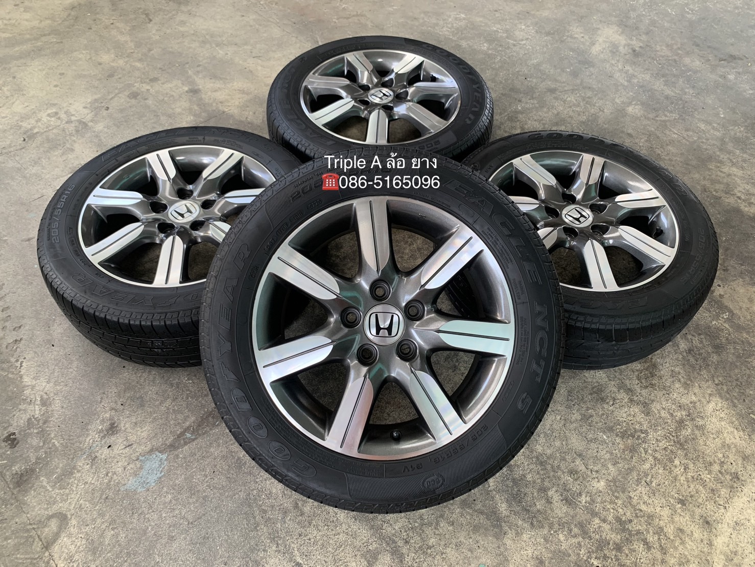 ✨ล้อแม็ก 5รู114✨Honda ลาย 7 ก้าน ขอบ 16 เทาหน้าเงา พร้อมยาง 205-55-16 Goodyear ปลายปี 20
