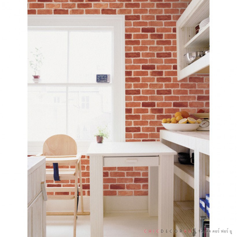 DBS-12 Wallpaper Sticker วอลล์เปเปอร์ไวนิล แบบมีกาวในตัวลายอิฐส้มเข้ม หน้ากว้าง 100 cm