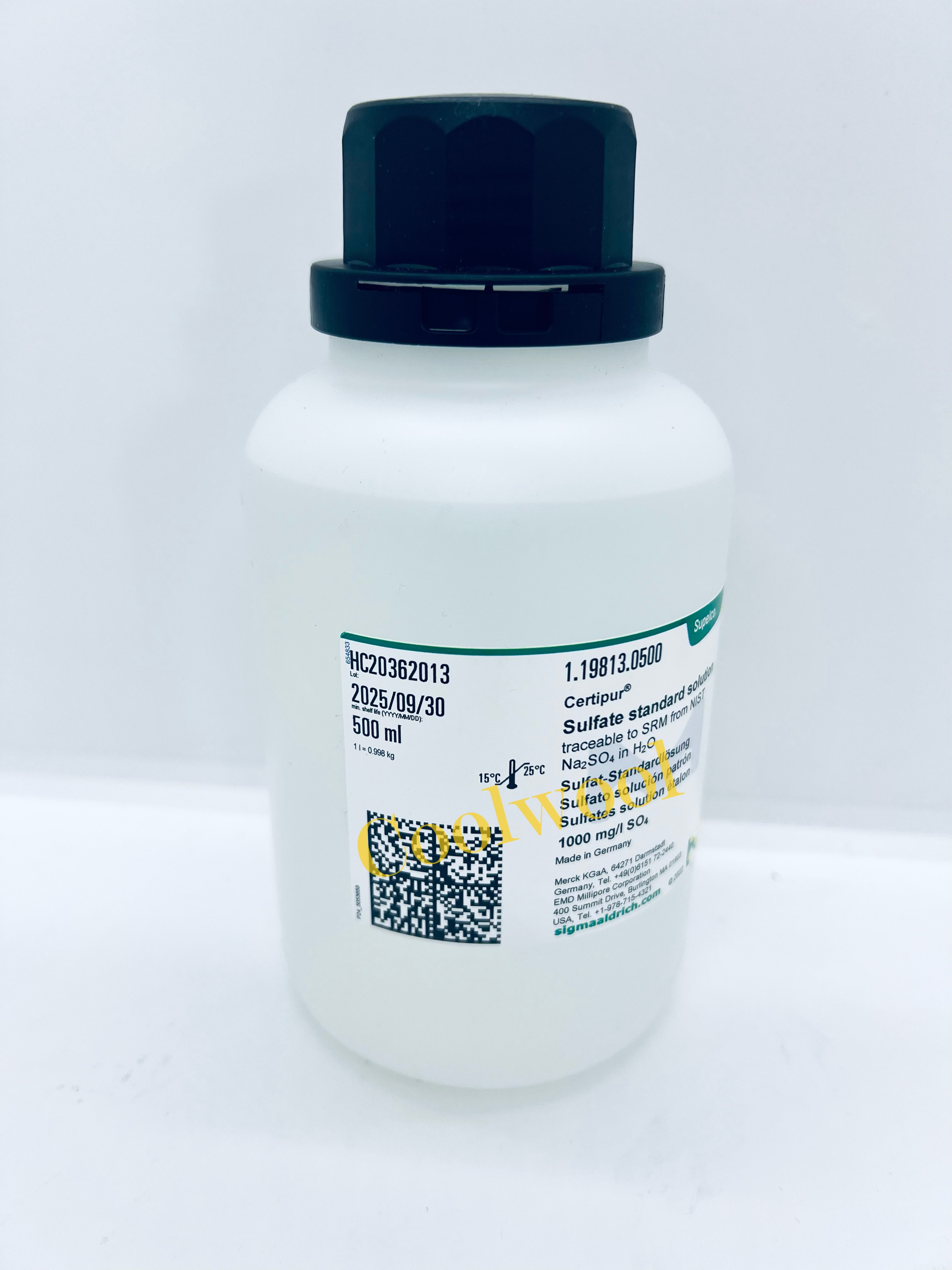 MERCK™ Sulfate standard solution traceable to SRM from NIST Na₂SO₄ in H₂O 1000 mg/l SO₄ Certipur® 500ml