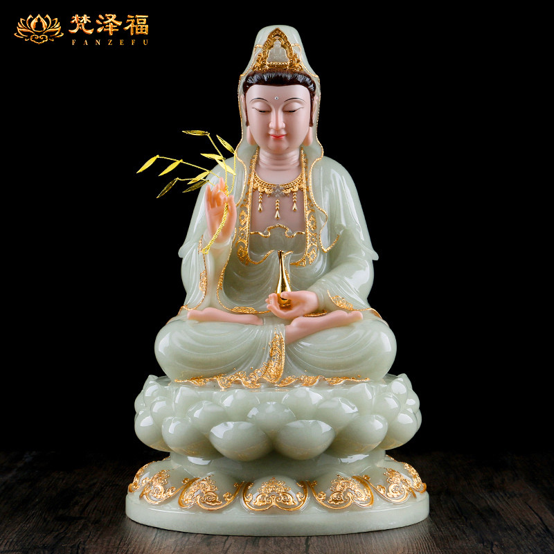 องค์พระโพธิสัตว์กวนอิม รูปแกะสลักจากหินหยกธรรมชาติ งานช่างฝีมือชาวจีนแท้