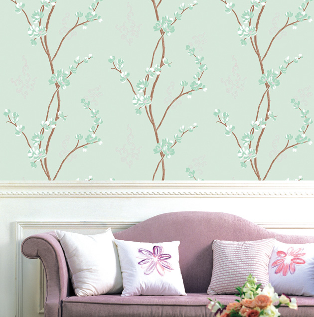GP-11055 Wallpaper Vinyl วอลล์เปเปอร์แบบมีกาวในตัว ลายต้นเชอรี่พื้นเขียว หน้ากว้าง 100 cm