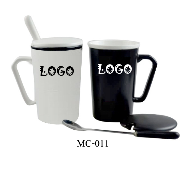 แก้วเซรามิคมีฝาปิดพร้อมช้อน เนื้อPorcelain พร้อมสกรีนโลโก้