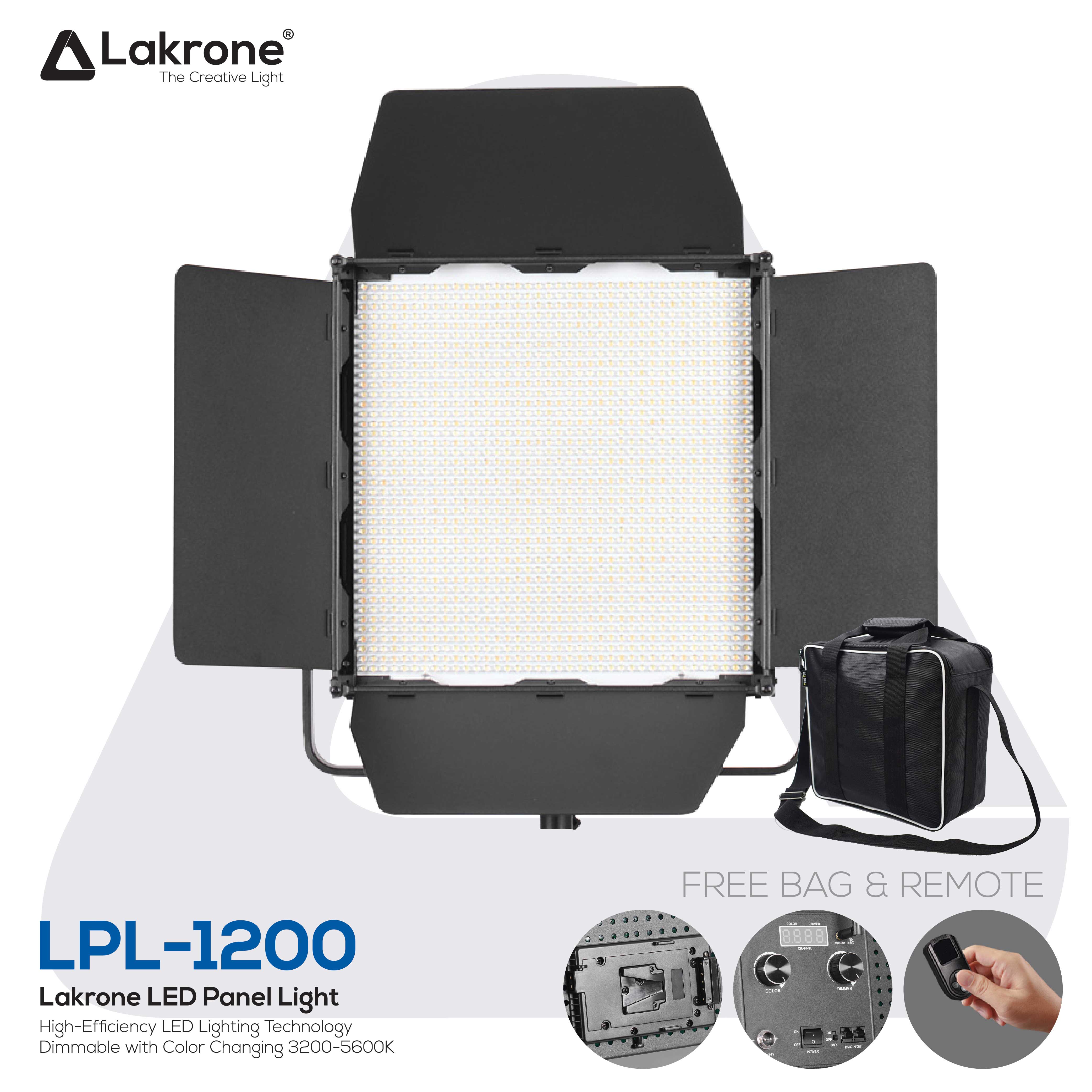 LPL-1200 ไฟวิดีโอ 100W (50+50) เปลี่ยนสีได้ 3200-5600K Lakrone LED Panel Light 1200 พร้อมกระเป๋าสำหรับพกพา