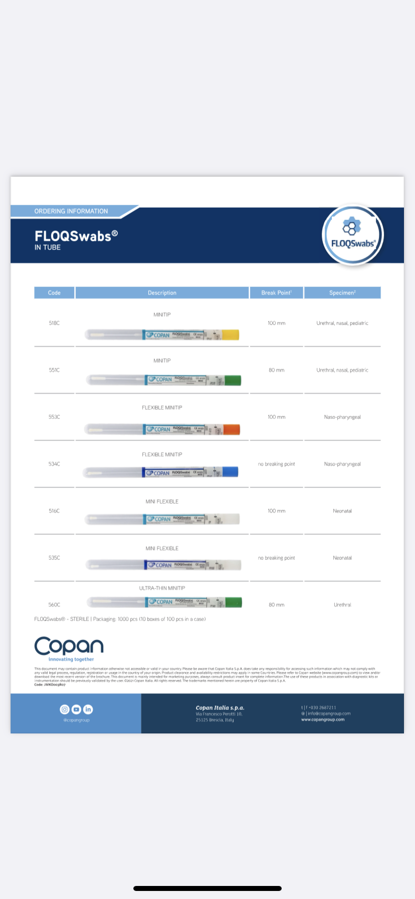 ก้านสำลีสำหรับเก็บตัวอย่าง Flock Swab sampler(1pc/tube,100tube/pkg)-Copan, USA