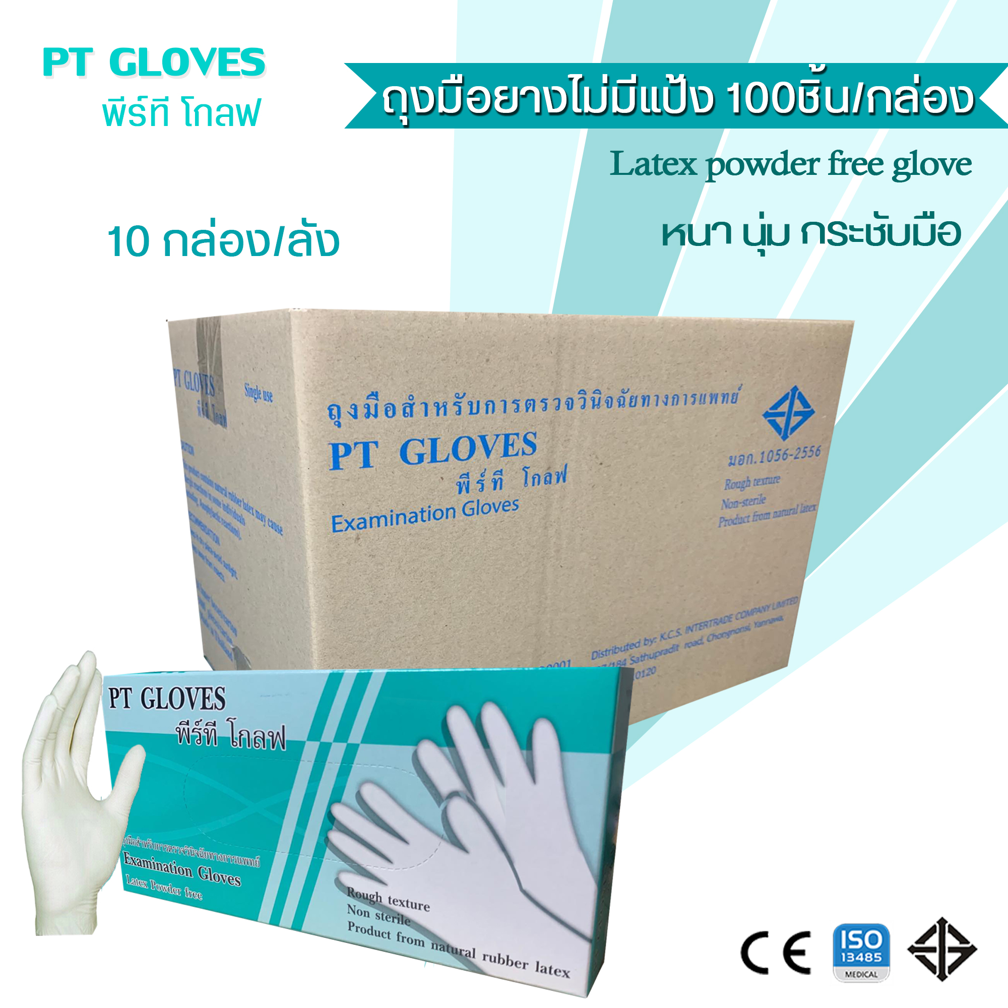 ถุงมือยาง(ไม่มีแป้ง), PT GLOVES (100 ชิ้น/กล่อง) 10กล่อง/ลัง