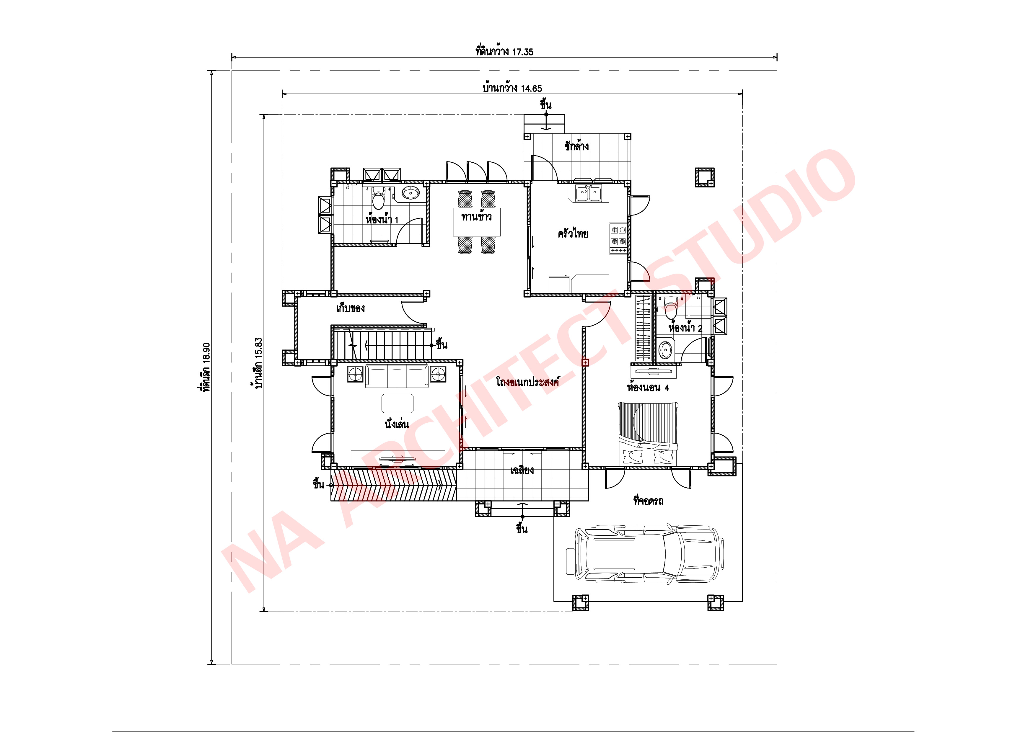 แบบบ้าน 2 ชั้น สไตล์ไทยประยุกต์ NA-206 ขนาด 262.70 ตร.ม 4 ห้องนอน 4 ห้องน้ำ สไตล์ไทยประยุกต์