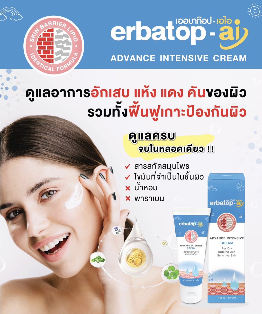 erbatop a.i. (เออบาท๊อป-เอไอ) สามารถใช้ได้ตั้งแต่เด็กแรกเกิด-ผู้ใหญ่ ดูแลอาการอักเสบ แห้ง แดง คันของผิว รวมทั้งฟื้นฟูเกราะป้องกันผิว ดูแลครบ จบในหลอดเดียว
