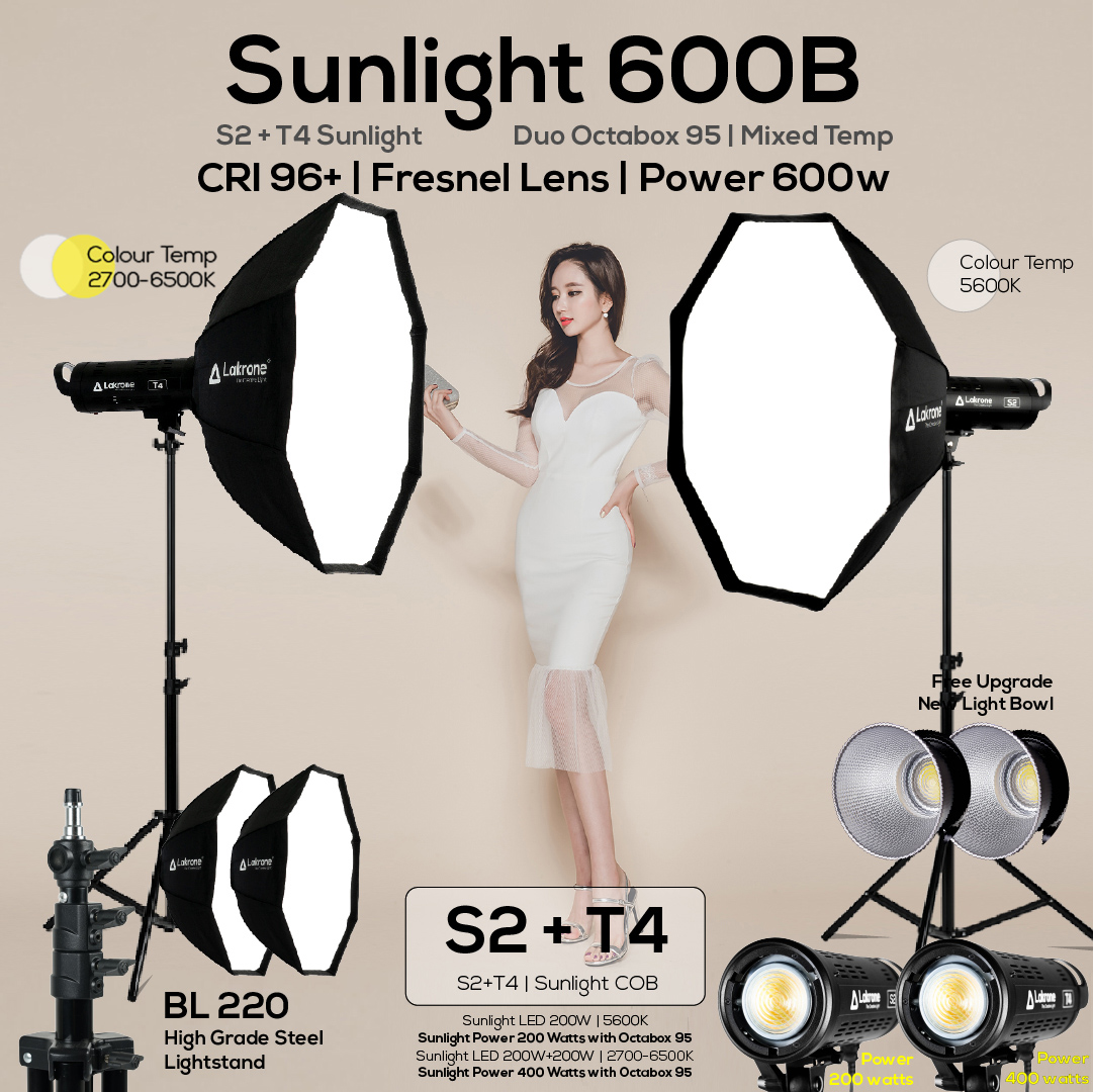 Sunlight 600B ชุดไฟคู่ถ่ายวีดีโอ Sunlight S2+T4 ขาตั้งไฟ BL220 พร้อม Octabox 95