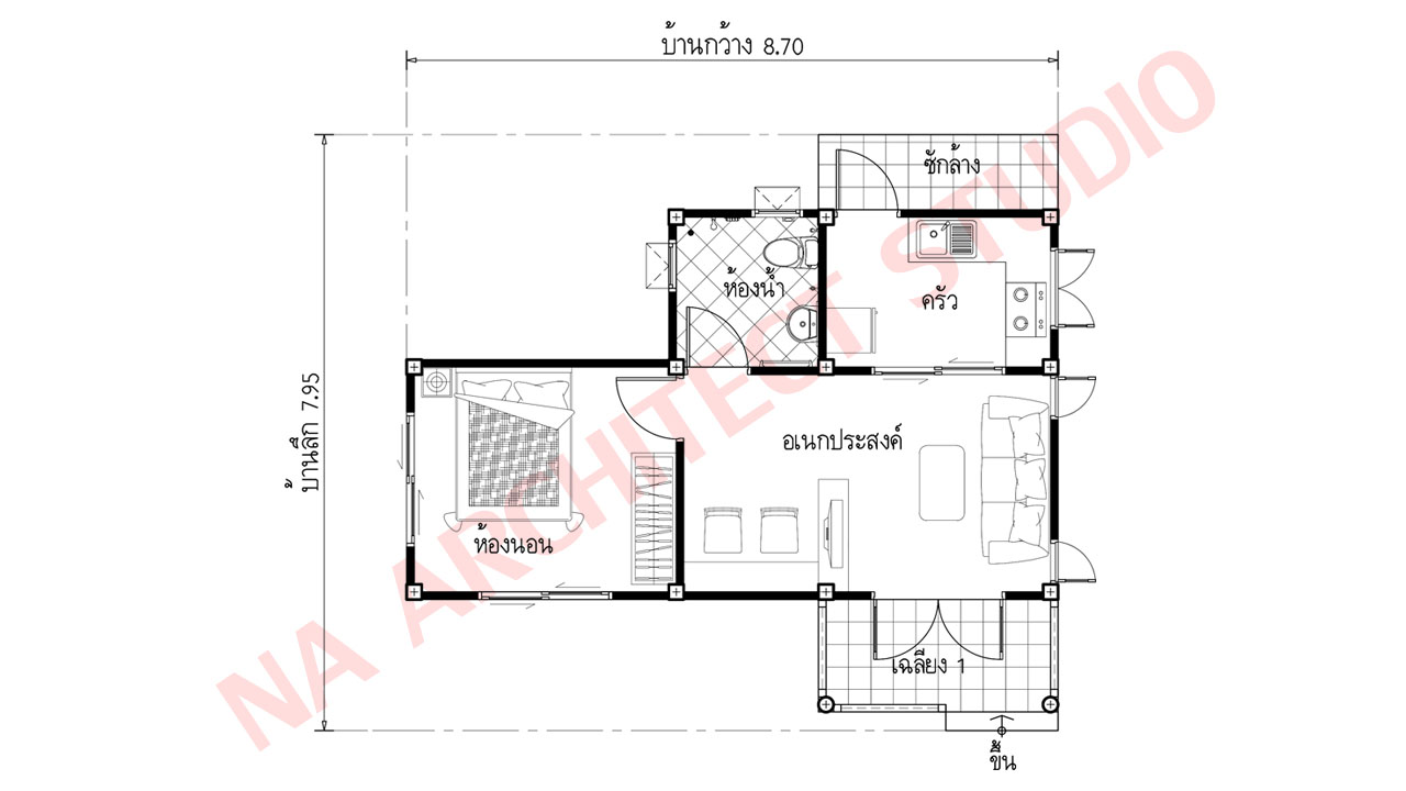 แบบบ้านชั้นเดียว สไตล์โมเดิร์น NA-001 ขนาด 47 ตร.ม 1 ห้องนอน 1 ห้องน้ำ