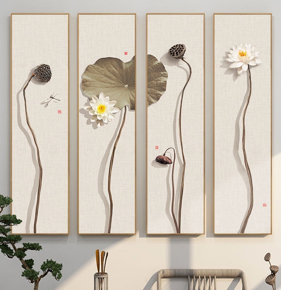 #ภาพวาดสไตล์จีนร่วมสมัยชุด 4 ชิ้น กรอบหนา 3 cm. ขนาด 30x120 cm. /ไม่มีกระจก