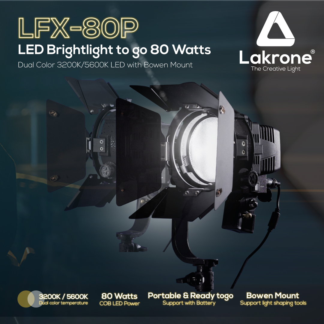 LFX-80P ไฟสตูดิโอพกพาสำหรับถ่ายวีดีโอ กำลังไฟ 80 วัตต์ รองรับการใช้งานจากแบตเตอรี่ 3200/5600K พร้อมแผ่นเปลี่ยนสีแสง LED Brightlight to go