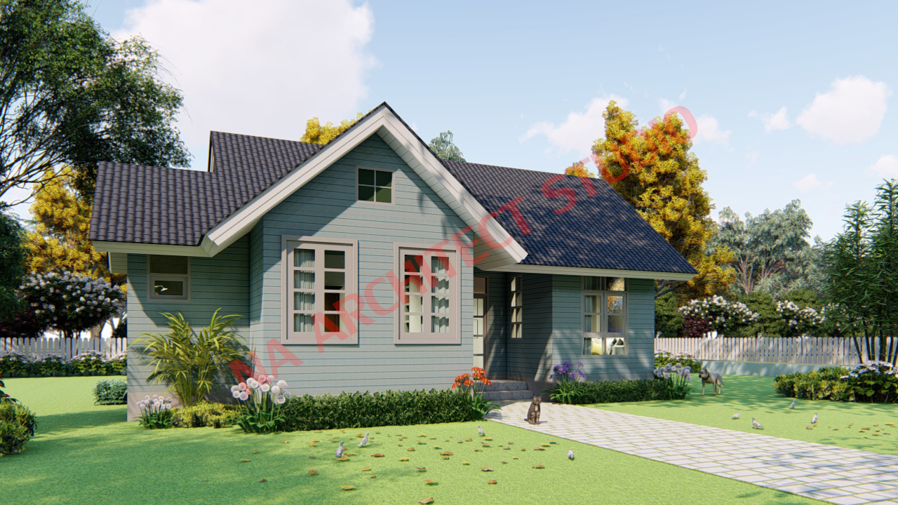 แบบบ้านชั้นเดียว สไตล์วินเทจ NA-006 ขนาด 62.10 ตร.ม 2 ห้องนอน 2 ห้องน้ำ