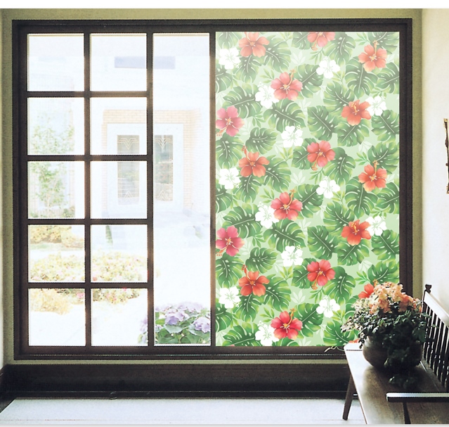 WS-19 Window sheet สติ๊กเกอร์ฝ้าติดกระจก ลายดอกชบาสีแดง หน้ากว้าง 92 cm
