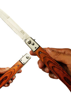 มีดพับสปริงขนาด 12 นิ้ว (30.5 ซม.) ด้ามลายไม้ มีปุ่มล็อคใบมีด พร้อมซองไนล่อนสำหรับเก็บมีด