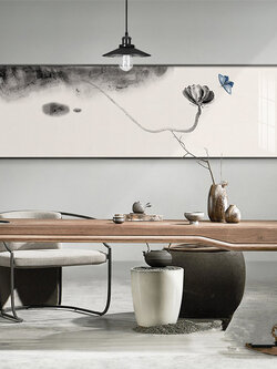 #ภาพวาดพู่กันจีน ภาพพิมพ์สีน้ำบนผ้าใบพร้อมกรอบไม้(คละสี) ขนาด 30x120 cm.