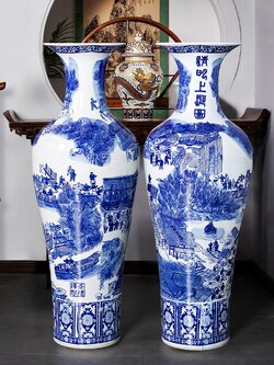 แจกันเซรามิกขาวลายครามเขียนลายจีนโบราณ สำหรับตั้งโชว์ ปรับฮวงจุ้ยบ้าน โต๊ะทำงาน