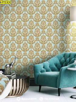 วอลล์เปเปอร์ลายหลุยส์ สีทอง พื้นหลังฟ้า