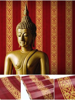 วอลเปเปอร์ลายไทย ลายกนกไขว้ช่อหางโต สีทองพื้นแดง