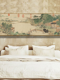 #ภาพวาดพู่กันจีน ภาพพิมพ์สีน้ำบนผ้าใบพร้อมกรอบไม้(คละสี) ขนาด 30x120 cm.