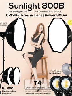 Sunlight 800B ชุดไฟคู่ถ่ายวีดีโอ Sunlight T4 ปรับสีได้ 2700 - 6500K ขาตั้งไฟ BL220 พร้อม Octabox 95