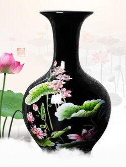 แจกันเซรามิกดำเขียนลายจีนโบราณ สำหรับจัดดอกไม้ ตั้งโชว์ ปรับฮวงจุ้ยบ้าน โต๊ะทำงาน