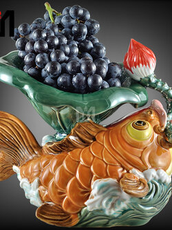 ปลาคราฟมงคล,ถาดใส่ผลไม้เนื้อดินเผา,เซรามิกสไตล์จีน แก้ฮวงจุ้ย เสริมมงคล