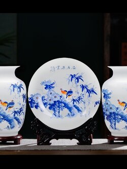 แจกัน+จานเซรามิกเขียนลายจีนโบราณ สำหรับตั้งโชว์ ปรับฮวงจุ้ยบ้าน โต๊ะทำงาน