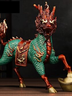 กิเรนคู่เนื้อทองเหลืองลงสีคุณภาพสูง เสริมดวงการงานการเงินป้องกันสิ่งชั่วร้าย