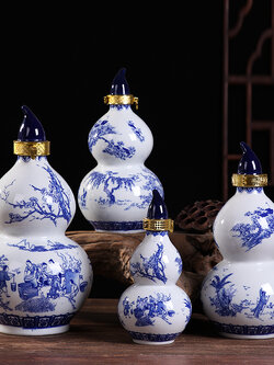 ขวดเหล้าจีน ทรงน้ำเต้าแบบดั่งเดิม เนื้อกระเบื้องหนาทำสีเขียนลายครา สำหรับเหล้าทุกชนิด