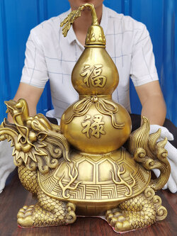 เต่าหัวมังกรแบกน้ำเต้ามงคลทองเหลือง เครื่องประดับปรับฮวงจุ้ยเสริมดวงการเงิน การค้า