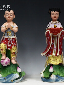 ตุ๊กตากุมารทอง"กิมท้ง" และกุมารีหยก"เง็กนึ้ง" ลูกศิษย์พระโพธิสัตว์กวนอิม เซรามิกคุณภาพสูง