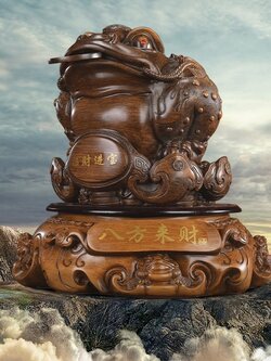 คางคกสามขาคาบเหรียญ(กิมเซียมซู)เรซิ่นลายไม้ เครื่องประดับปรับฮวงจุ้ยเสริมดวงการเงิน การค้า