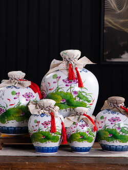 ไหเหล้าจีน แบบดั่งเดิม เนื้อกระเบื้องหนาเขียนลายดอกบัว สำหรับดองเหล้าทุกชนิด