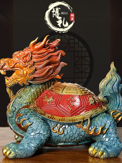 เต่ามังกรสัตว์เทพนำพาโชคลาภ อายุยืนยาว ทองเหลืองลงสีพร้อมแท่นวาง